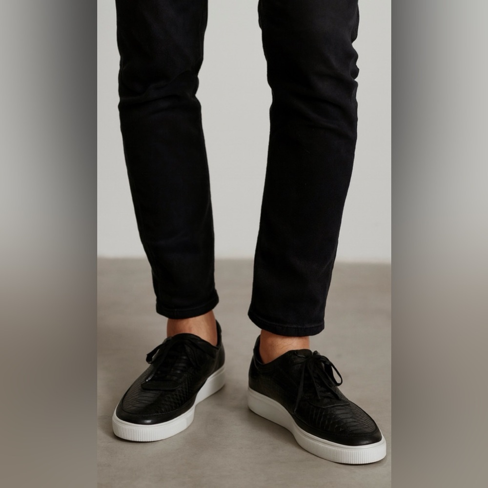 Black Leather Low-Top Slip-On Sneakers with White Sole